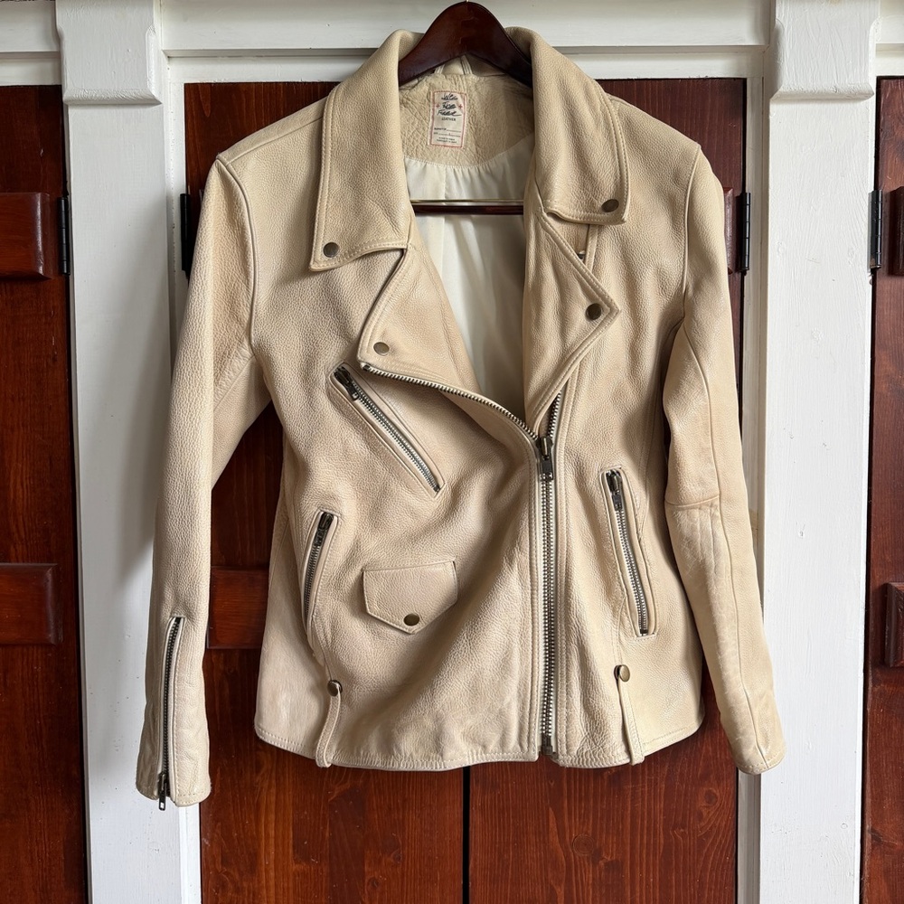 We The Free Cream Genuine Leather Moto Jacket with Silver Hardware